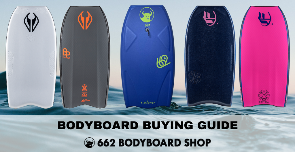 A graphic that features various bodyboard models and is titled, “Bodyboard Buying Guide - 662 Bodyboard Shop”